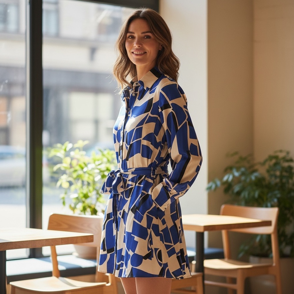 Karina Grimaldi Abstract Blue and White Long Sleeve Dress